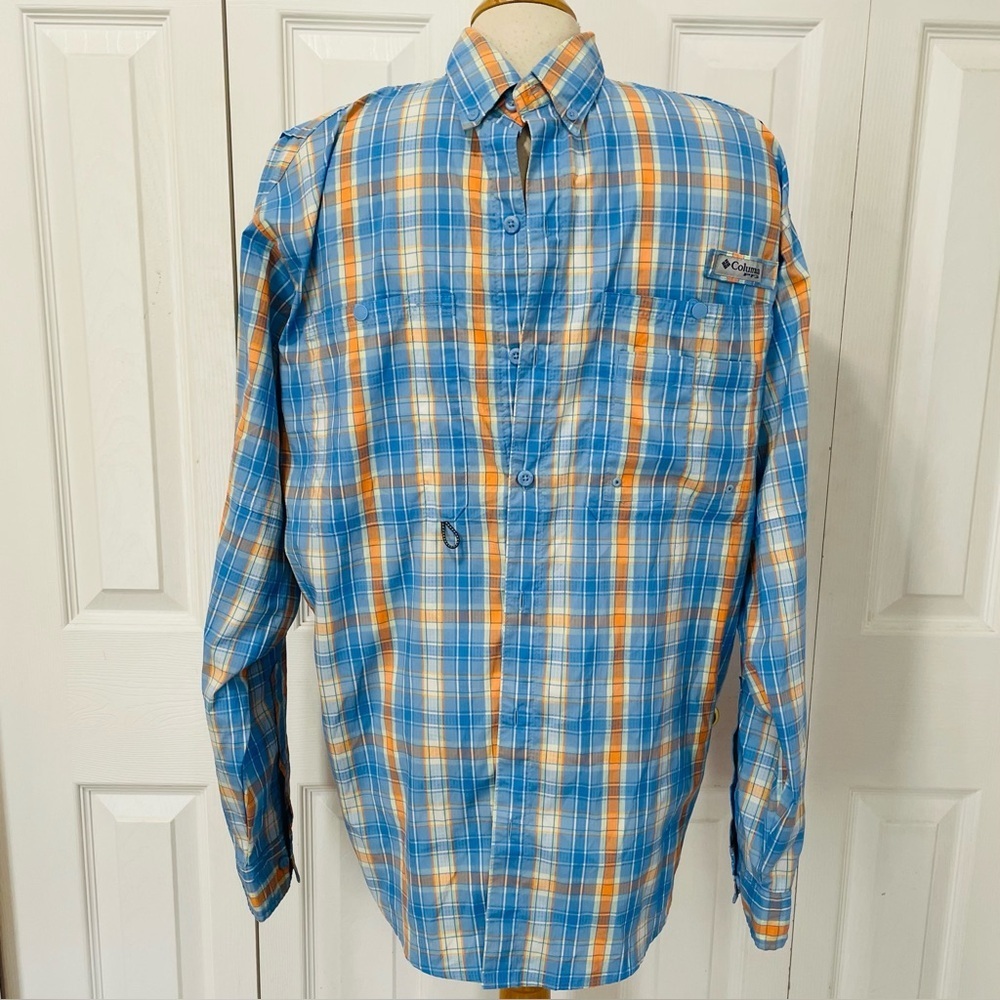 Columbia Performance Fishing Gear PFG Omni Shade Blue & Orange Plaid Shirt